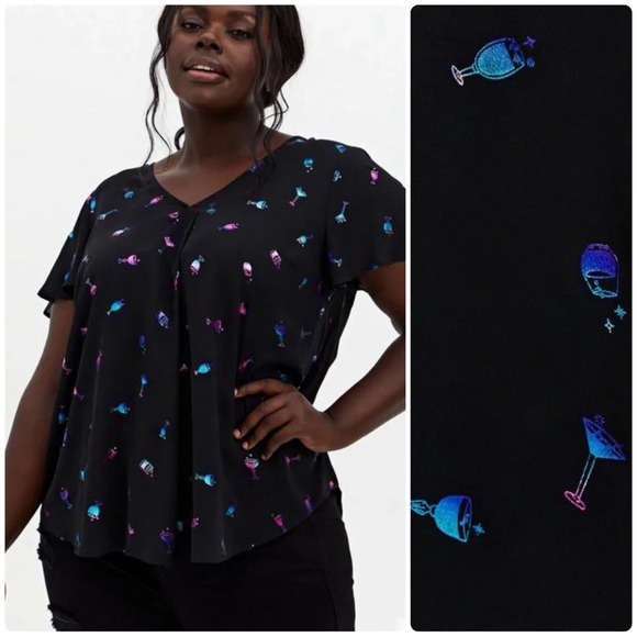 Torrid Black Cocktail Print Georgette Pleat Front Blouse Plus Size 2 2X 18 20 - Picture 1 of 15